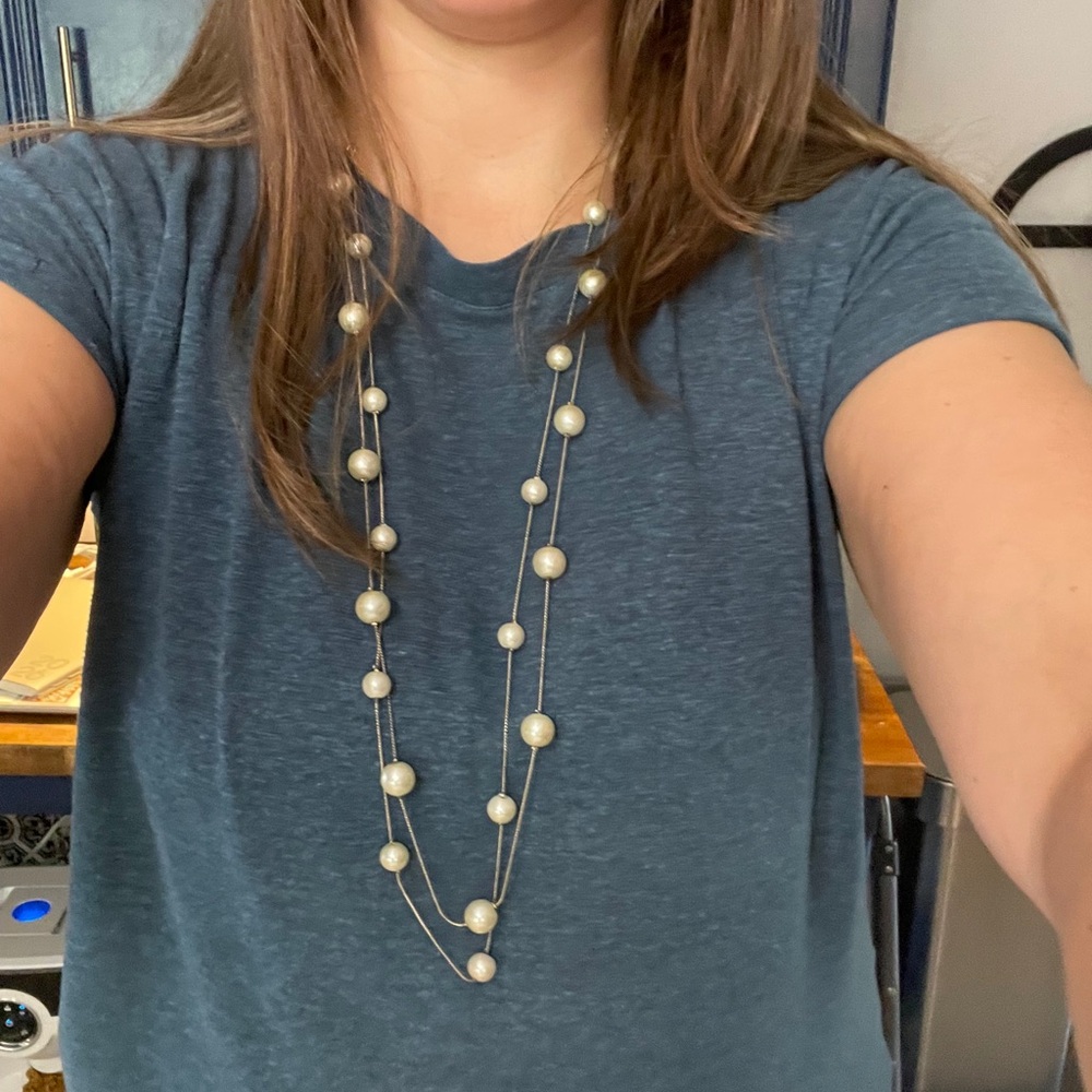 Long Double-Strand Faux Pearl Necklace - White Pearls